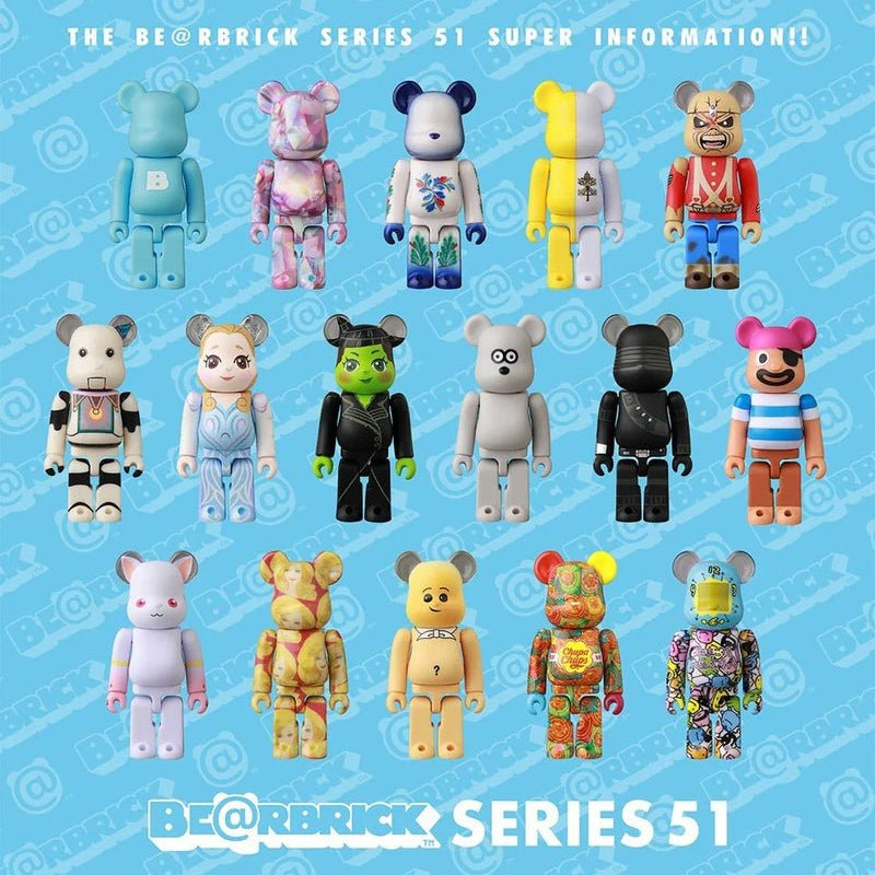 Bearbrick 100% Series 51 – wszystkie figurki: Basic, Jellybean, Pattern, Flag, SF (Junk World), Cute, Animal, Horror (Iron Maiden), Hero (G.I. Joe), Artist (Tamagotchi, Chupa Chups, Egonlab, I'm Donut?, Madoka Magica, Wicked, Barbie, Kurohige Kiki Ippatsu) + Secret (Vecna, Mr. Brainwash, Ao Oni, Huggy Wuggy)