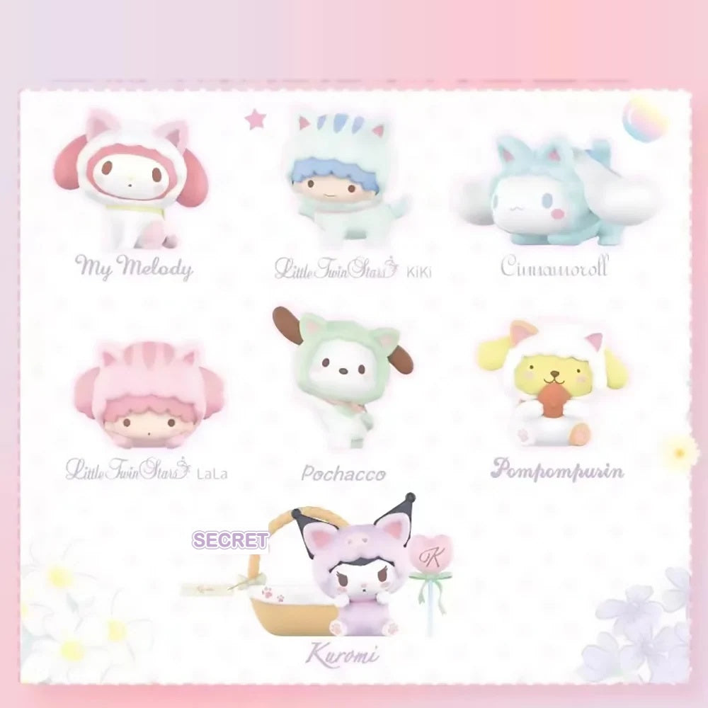 Sanrio Characters Hide-and-Seek – wszystkie figurki: My Melody, Kiki, Cinnamoroll, Lala, Pochacco, Pompompurin, Kuromi (Secret)